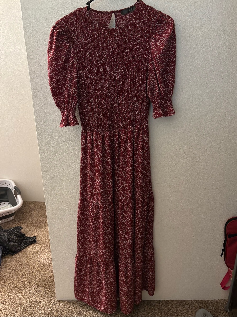 Women's Burgundy Floral Maxi Dress with Puff Sleeves